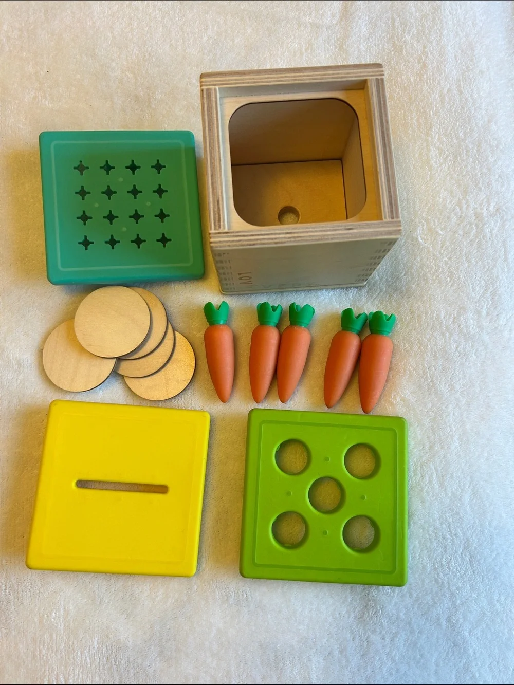 Lovevery Wooden Box With 3 Lids - Carrots and Coins, Montesory Toy